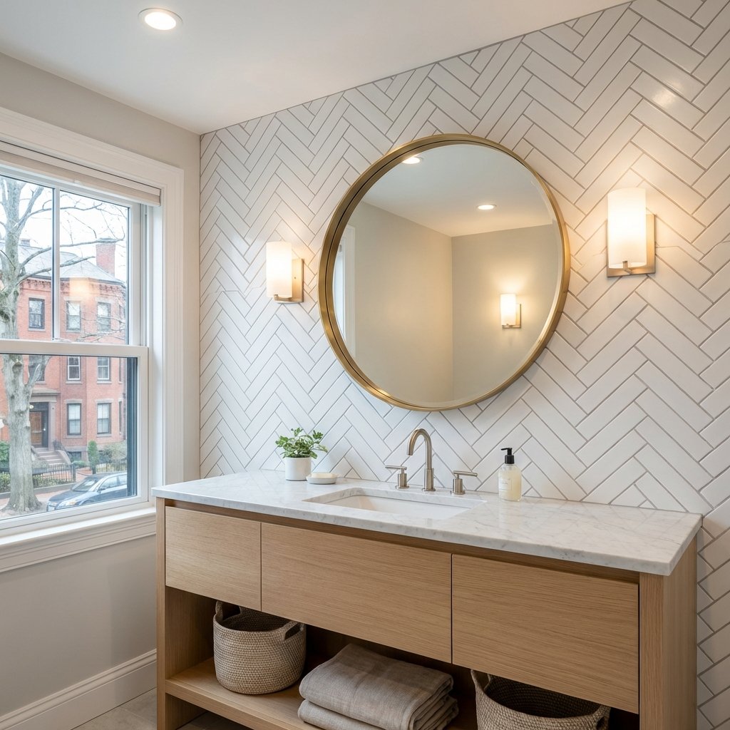 Herringbone tile accent wall inspiration in Brookline, MA — white ceramic subway tile