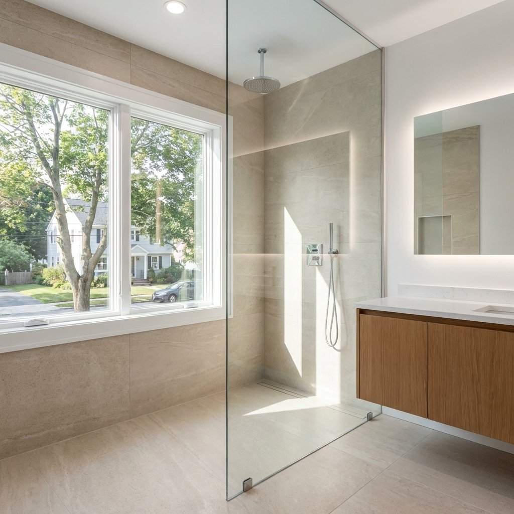 Large format shower tile installation in Greater Boston — beige porcelain