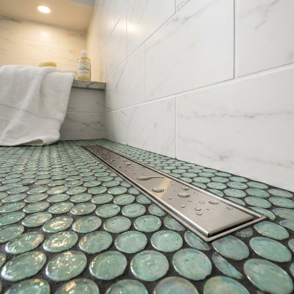Shower tile installation in Boston — penny round mosaic floor with linear drain