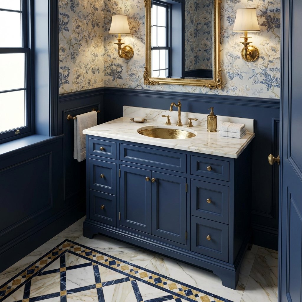 Half bath vanity and tile inspiration in Brookline, MA — navy cabinet and mosaic floor