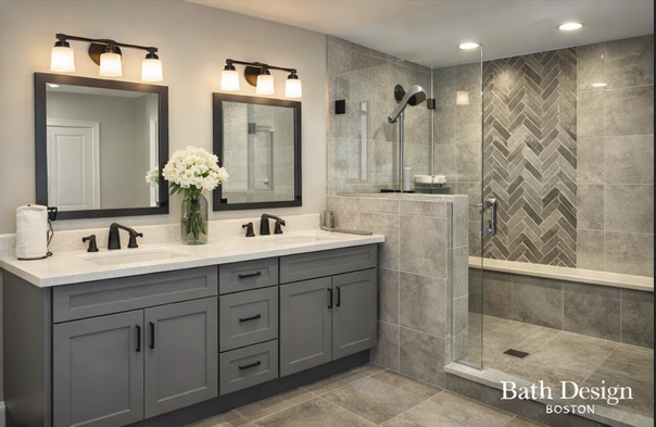 Modern double vanity bathroom remodel