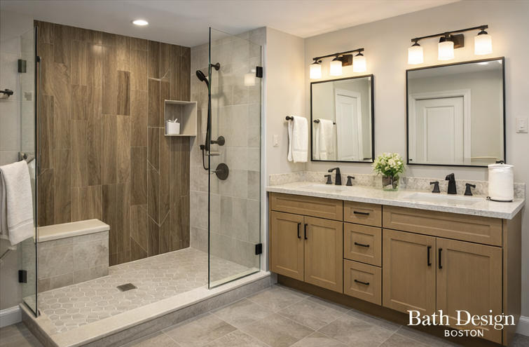Walk-in shower with bench seating