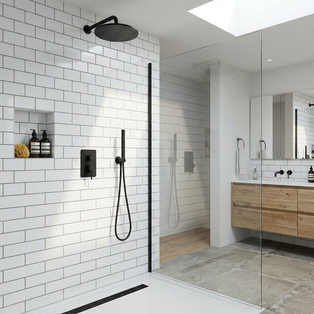 Modern subway tile shower design inspiration in Brookline, MA with matte black fixtures