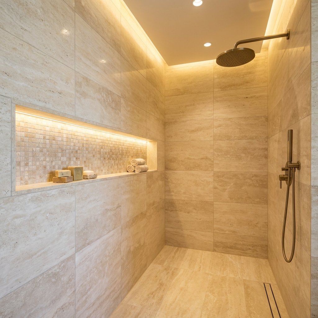 Luxury walk-in shower installation inspiration in Boston — warm stone tile with niche